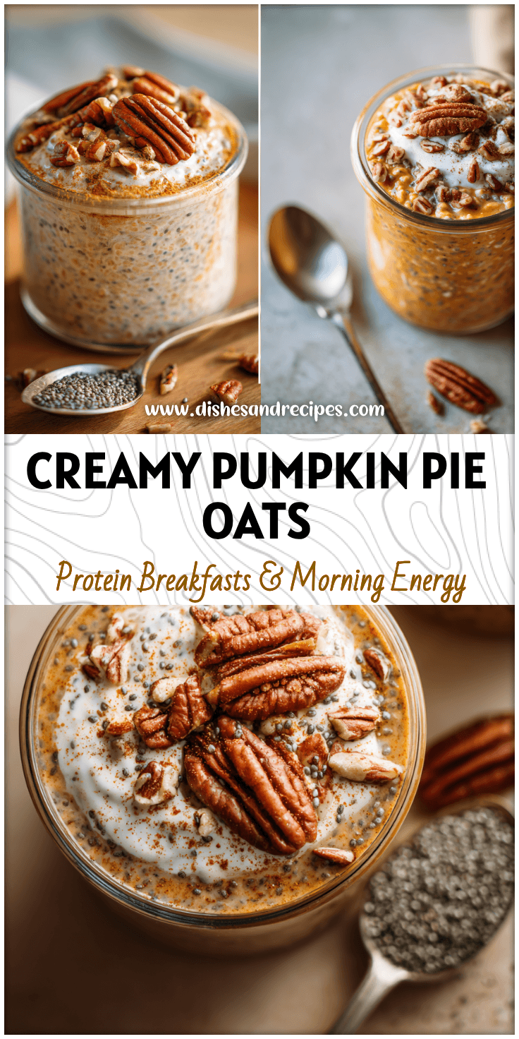 A glass jar of Pumpkin Pie Overnight Oats topped with pecans and Pumpkin Pie Spice beside a spoon of chia.